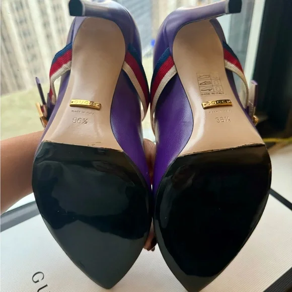 NEW Gucci Sylvie Logo Web Stripe Mary Jane Buckle purple Leather Pumps US 6.5 - Picture 6 of 6